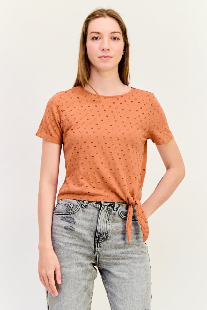 ONLY Women Round Neck Short Sleeves Textured Blouse, Brown  - Image 1