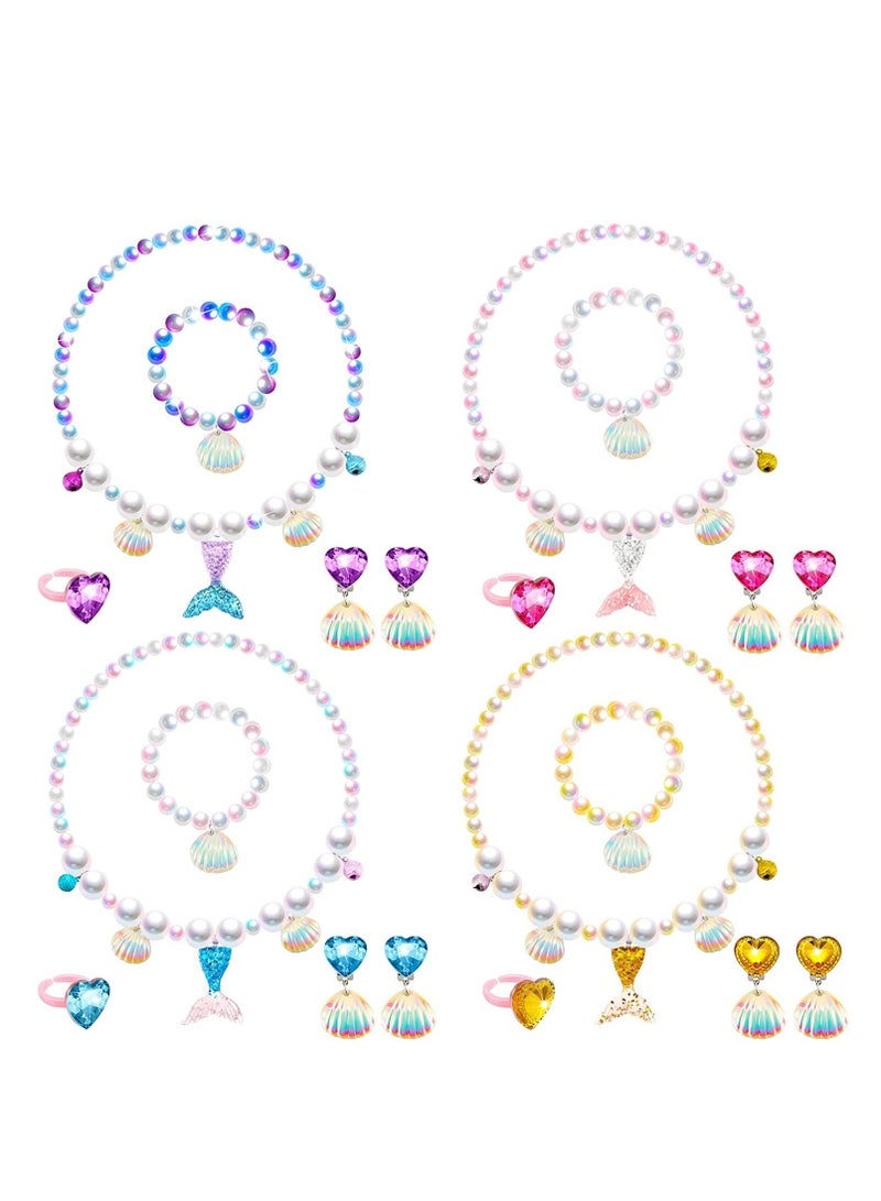 كاست ويف مجموعة مجوهرات حورية البحر وقلادة حورية البحر مجموعة سوار زينة عيد ميلاد حورية البحر هدايا الحفلات تشمل عقد أميرة حورية البحر وأقراط وأقراط من الصدف خواتم للبنات لوازم المجوهرات التنكرية 4 مجموعات - Image 1
