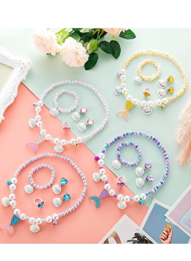 كاست ويف مجموعة مجوهرات حورية البحر وقلادة حورية البحر مجموعة سوار زينة عيد ميلاد حورية البحر هدايا الحفلات تشمل عقد أميرة حورية البحر وأقراط وأقراط من الصدف خواتم للبنات لوازم المجوهرات التنكرية 4 مجموعات - Image 4