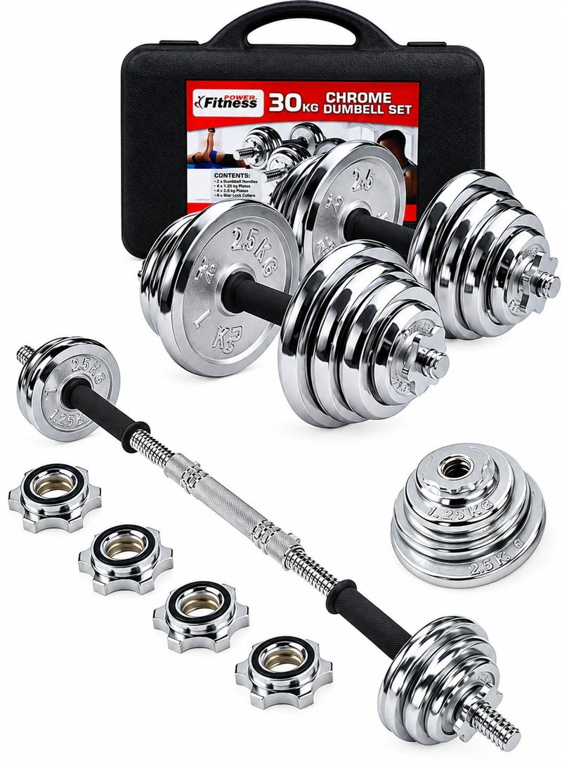 Fitness World 30kg Adjustable Dumbbell Set – Chrome weights for fitness and muscle building, featuring metal handles, locking collars, and a carry case; suitable for gym and home use. - Image 1