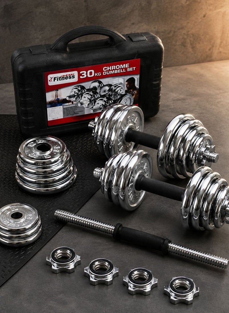 Fitness World 30kg Adjustable Dumbbell Set – Chrome weights for fitness and muscle building, featuring metal handles, locking collars, and a carry case; suitable for gym and home use. - Image 2