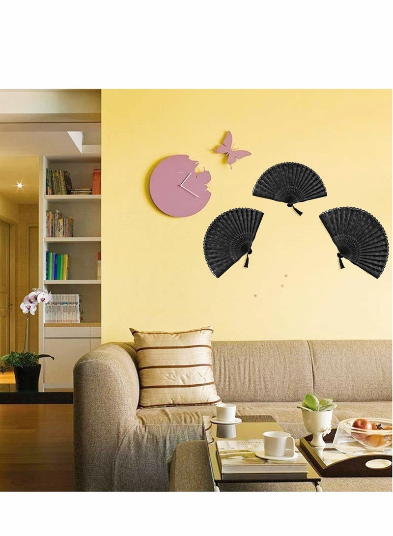 Y&D Hand Fan with Frame Silk Fabric Bamboo Ribs Handheld Folding Wall Decoration Wedding Party Lace for Women Girls Gifts Black - Image 4