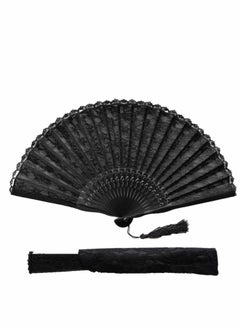 Y&D Hand Fan with Frame Silk Fabric Bamboo Ribs Handheld Folding Wall Decoration Wedding Party Lace for Women Girls Gifts Black  - Image 1