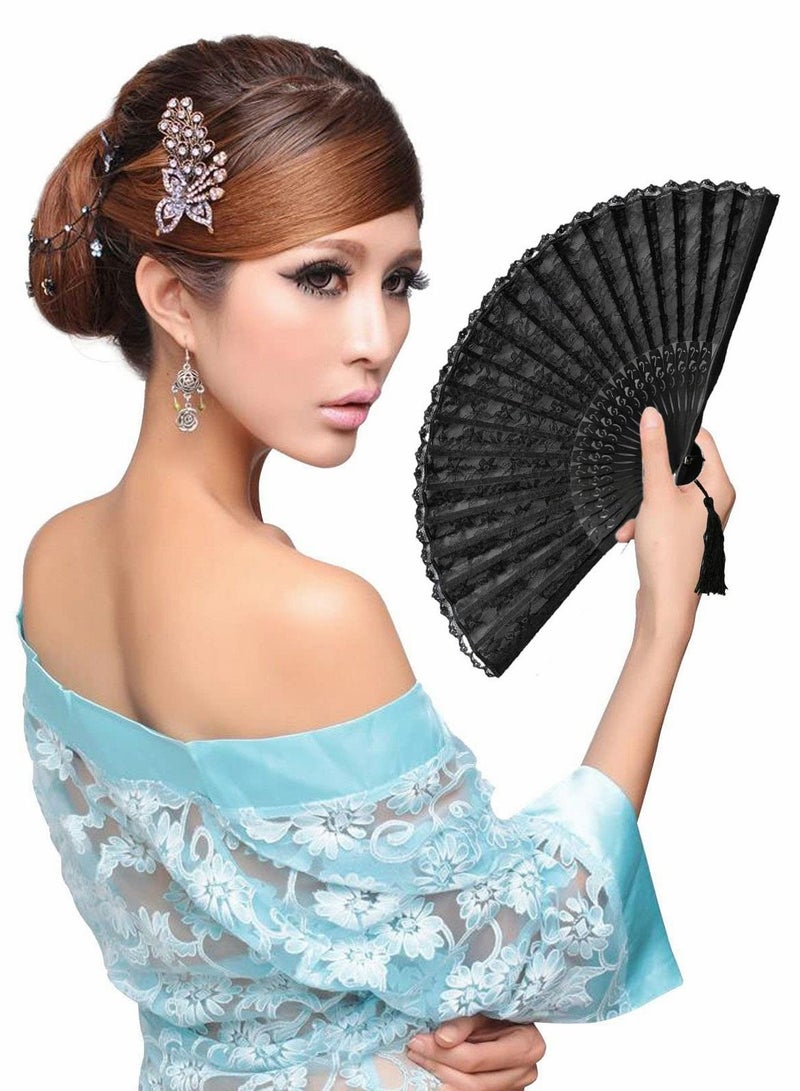 Y&D Hand Fan with Frame Silk Fabric Bamboo Ribs Handheld Folding Wall Decoration Wedding Party Lace for Women Girls Gifts Black - Image 3