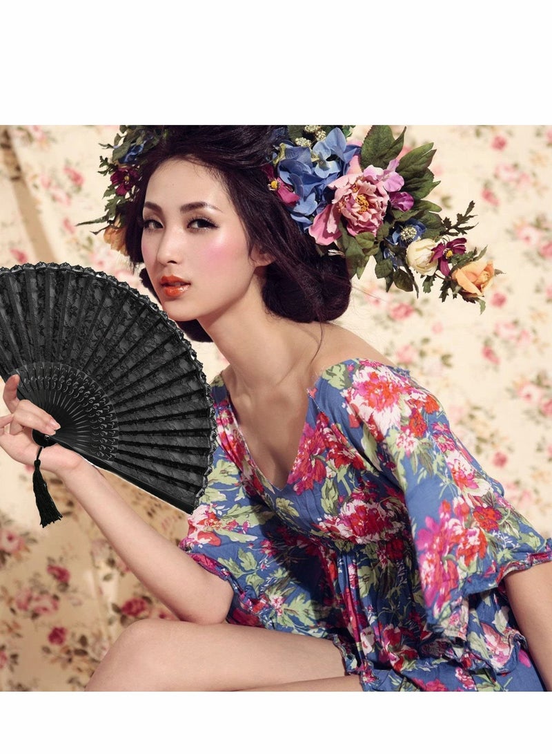 Y&D Hand Fan with Frame Silk Fabric Bamboo Ribs Handheld Folding Wall Decoration Wedding Party Lace for Women Girls Gifts Black - Image 2