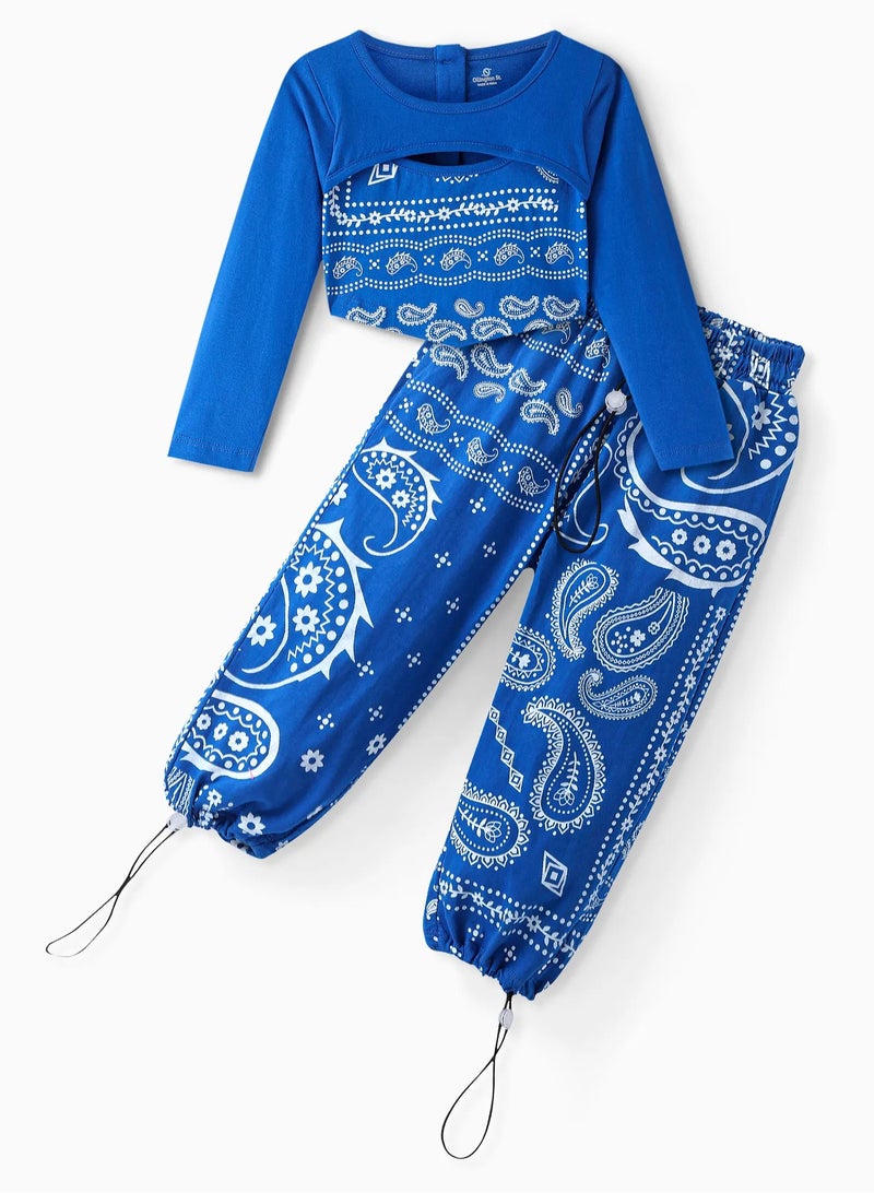 Ollington St. - 100% Cotton Full Sleeves Crop Top & Joggers Co-ord Set With Bandana Print - Blue - Image 1