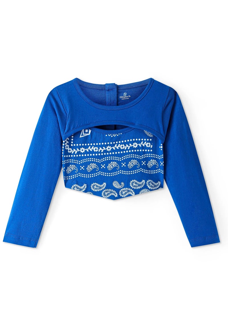 Ollington St. - 100% Cotton Full Sleeves Crop Top & Joggers Co-ord Set With Bandana Print - Blue - Image 2