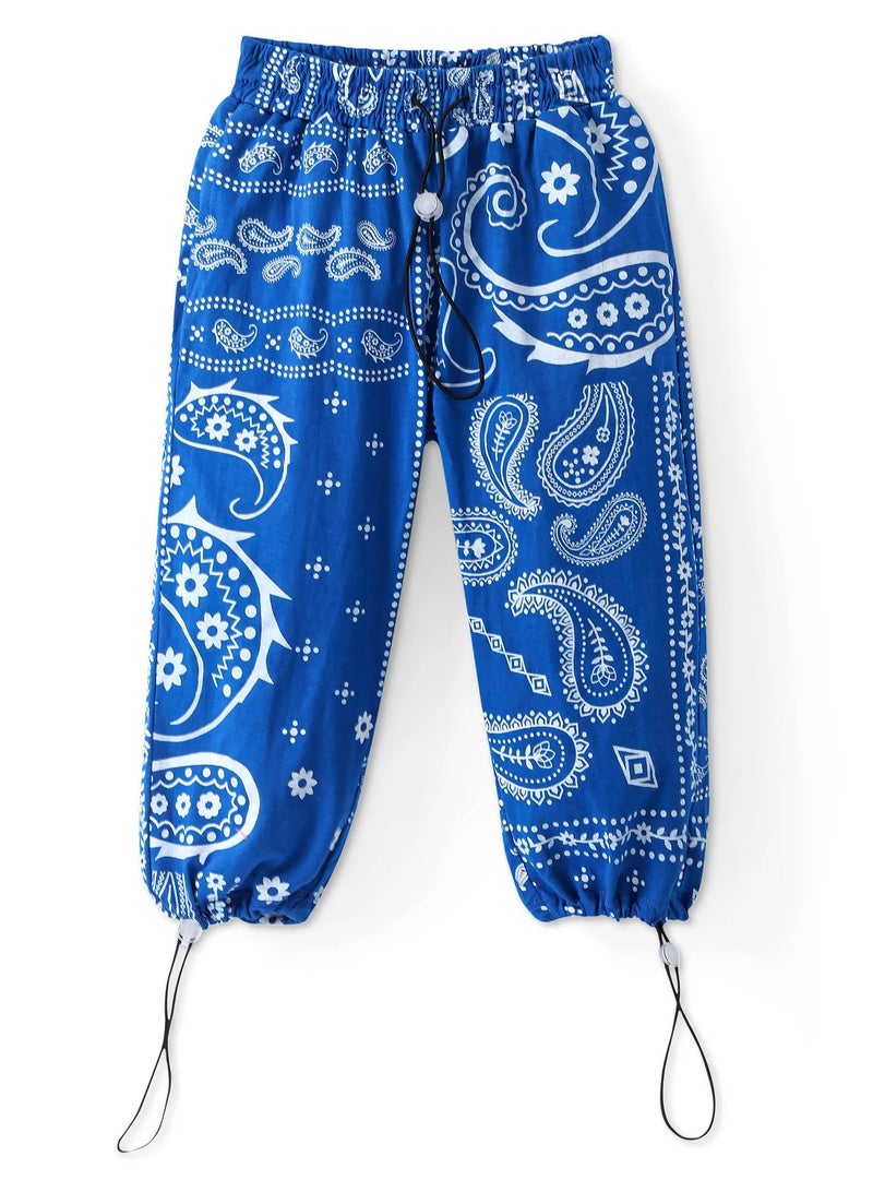 Ollington St. - 100% Cotton Full Sleeves Crop Top & Joggers Co-ord Set With Bandana Print - Blue - Image 4