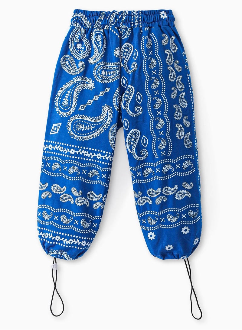 Ollington St. - 100% Cotton Full Sleeves Crop Top & Joggers Co-ord Set With Bandana Print - Blue - Image 5