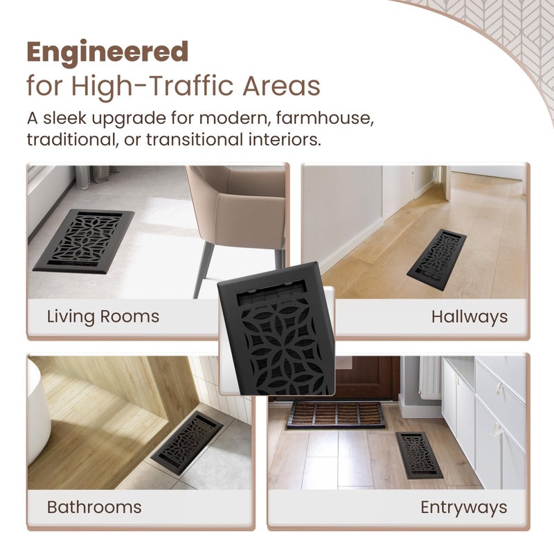 Greater Grates Floor Register 4x10 Vent Cover â€“ Heavy-Duty Steel, Rustproof & Walkable Grates, Easy Drop-in Install, Adjustable Air Supply Switch - Decorative Floral Design, Textured Black - Image 2