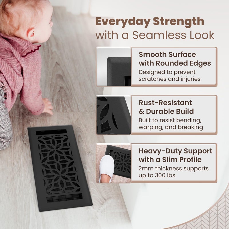 Greater Grates Floor Register 4x10 Vent Cover â€“ Heavy-Duty Steel, Rustproof & Walkable Grates, Easy Drop-in Install, Adjustable Air Supply Switch - Decorative Floral Design, Textured Black - Image 4