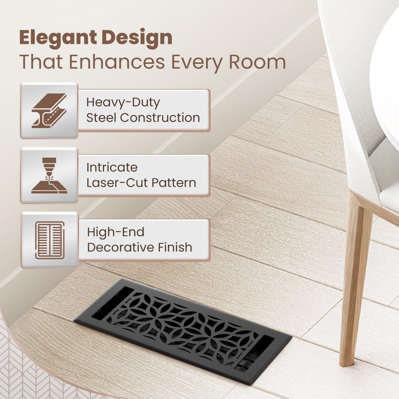 Greater Grates Floor Register 4x10 Vent Cover â€“ Heavy-Duty Steel, Rustproof & Walkable Grates, Easy Drop-in Install, Adjustable Air Supply Switch - Decorative Floral Design, Textured Black - Image 3