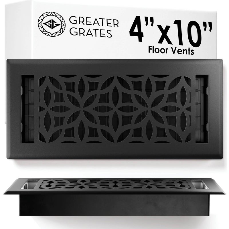 Greater Grates Floor Register 4x10 Vent Cover â€“ Heavy-Duty Steel, Rustproof & Walkable Grates, Easy Drop-in Install, Adjustable Air Supply Switch - Decorative Floral Design, Textured Black - Image 1