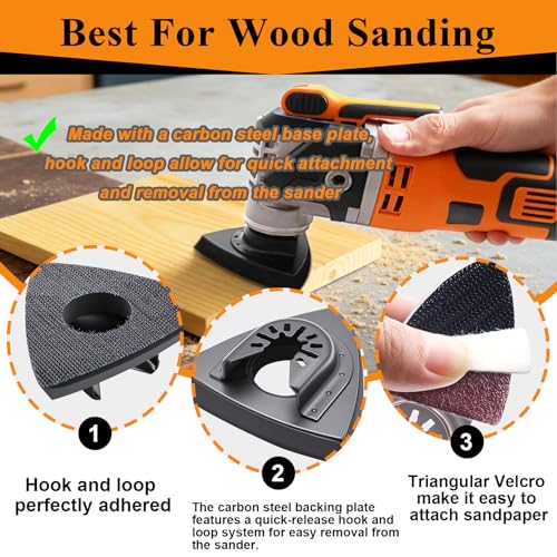maierke 114Pcs Oscillating Tool Sanding Pads Kit 2Pcs Triangle Sanding Pads and 2Pcs Finger Sanding Pad 110Pcs Sandpaper Grit(60-240)Fit for Finishing Wood Plaster Metal Leather Compatible with Multiple Tools - Image 5