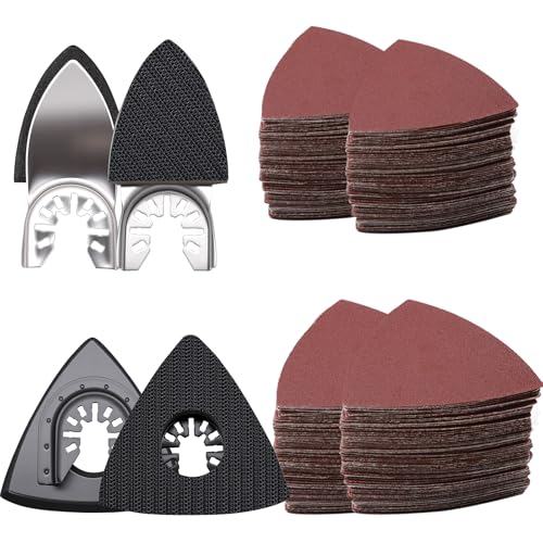 maierke 114Pcs Oscillating Tool Sanding Pads Kit 2Pcs Triangle Sanding Pads and 2Pcs Finger Sanding Pad 110Pcs Sandpaper Grit(60-240)Fit for Finishing Wood Plaster Metal Leather Compatible with Multiple Tools - Image 1
