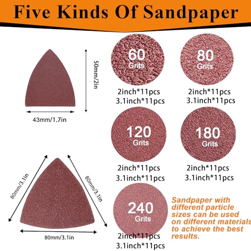 maierke 114Pcs Oscillating Tool Sanding Pads Kit 2Pcs Triangle Sanding Pads and 2Pcs Finger Sanding Pad 110Pcs Sandpaper Grit(60-240)Fit for Finishing Wood Plaster Metal Leather Compatible with Multiple Tools - Image 3