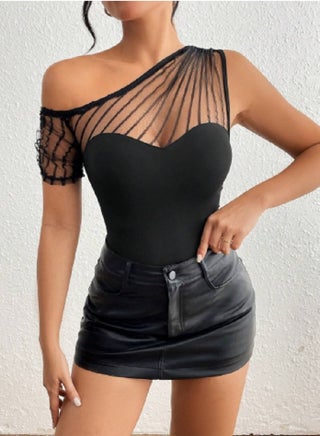 SHEIN  Ladies' Solid Color Mesh Spliced Asymmetric Collar Top - pzsku/Z75C1E687390748187DCBZ/45/1747199792/b07d222e-9798-4eb2-bd50-5464f7f16d43