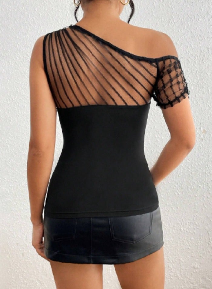 Shein SHEIN  Ladies' Solid Color Mesh Spliced Asymmetric Collar Top  - Image 2