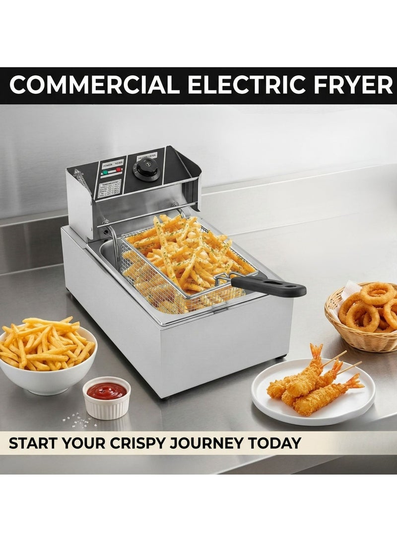 PRIMO PLUS Commercial Electric Deep Fryer, 6 Liter Single Oil Tank, Adjustable Temperature Control, With Safety Handle And Viewing Window, Stainless Steel Non-Stick Coating, Silver - Image 4