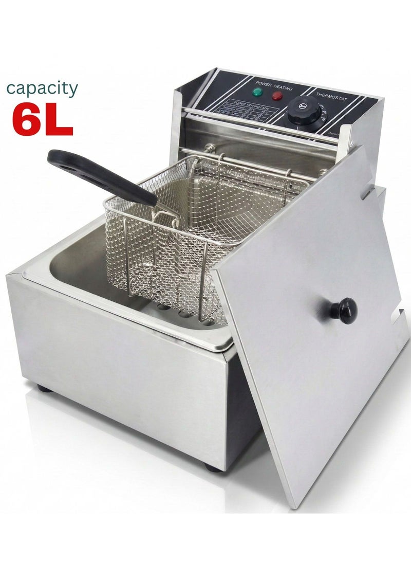 PRIMO PLUS Commercial Electric Deep Fryer, 6 Liter Single Oil Tank, Adjustable Temperature Control, With Safety Handle And Viewing Window, Stainless Steel Non-Stick Coating, Silver - Image 1