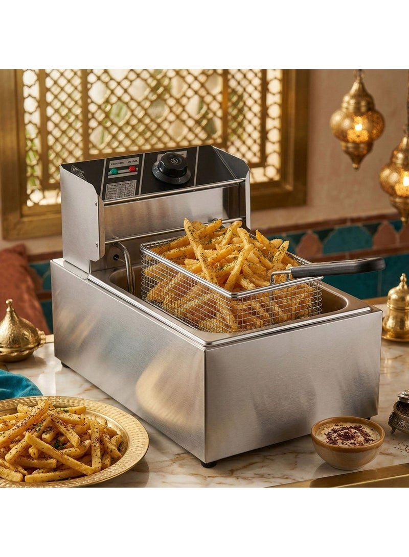 PRIMO PLUS Commercial Electric Deep Fryer, 6 Liter Single Oil Tank, Adjustable Temperature Control, With Safety Handle And Viewing Window, Stainless Steel Non-Stick Coating, Silver - Image 3