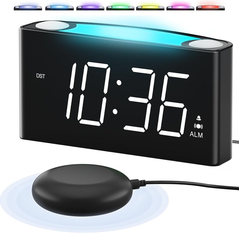 PPLEE Vibrating Alarm Clock, Loud Alarm Clock for Heavy Sleepers Hearing Impaired Deaf Teens,Bed Shaker Alarm Clocks for Bedrooms,5 dimmable,7 Color Night Light,USB charging,Type-C Charger,Memory Alarm - Image 1