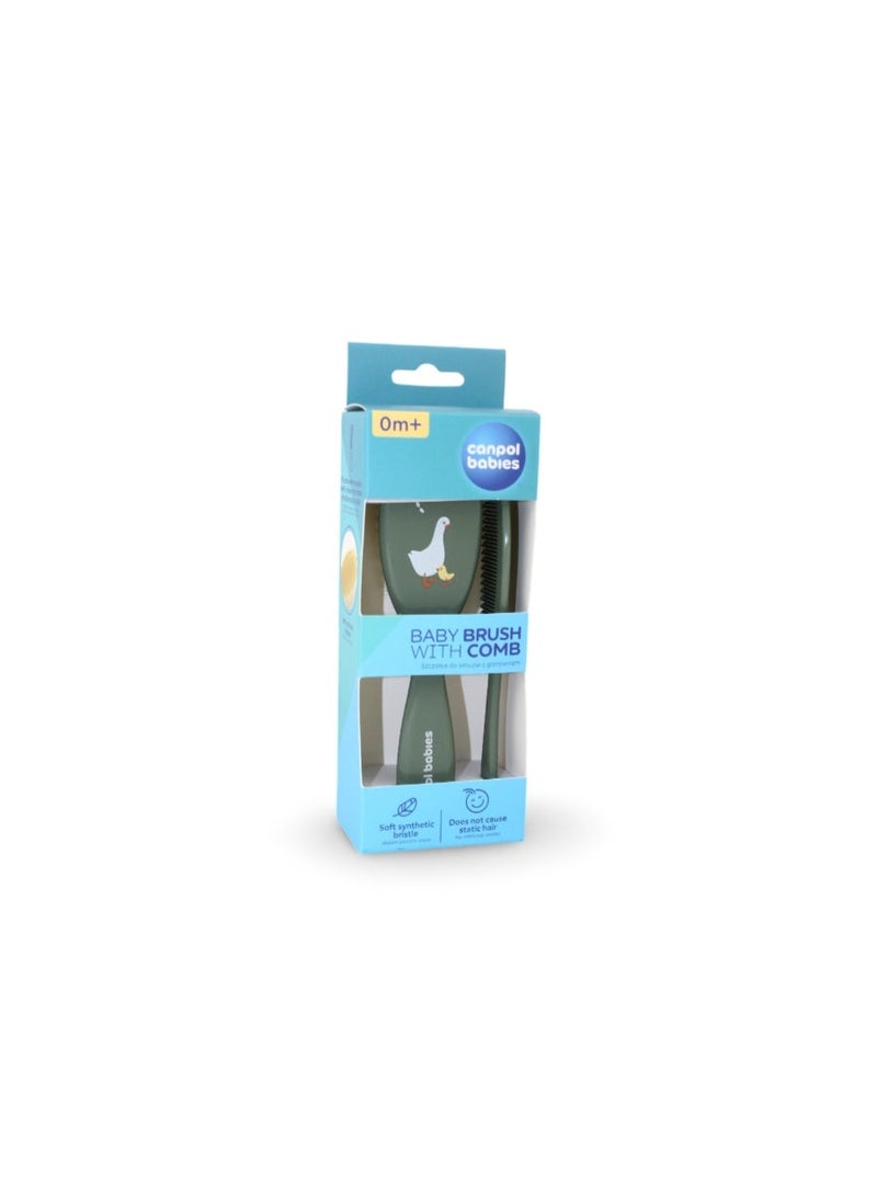 True Canpol Babies Soft Hair Brush and Comb – Olive with Goose Print - Image 1