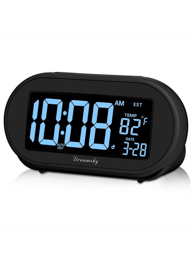 DreamSky Auto Set Alarm Clock for Bedroom, Digital Desk Clock with 0-100% Dimmable Brightness Dimmer, Auto DST, Date, Temperature, USB Ports, Snooze, Electric Bedside Clock Nightstand - Image 1