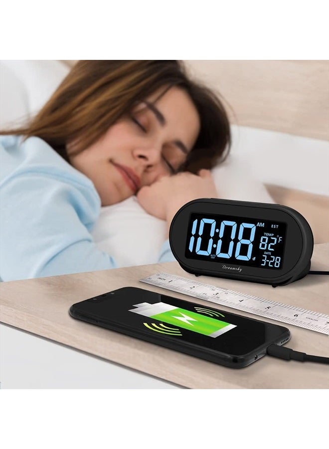DreamSky Auto Set Alarm Clock for Bedroom, Digital Desk Clock with 0-100% Dimmable Brightness Dimmer, Auto DST, Date, Temperature, USB Ports, Snooze, Electric Bedside Clock Nightstand - Image 3