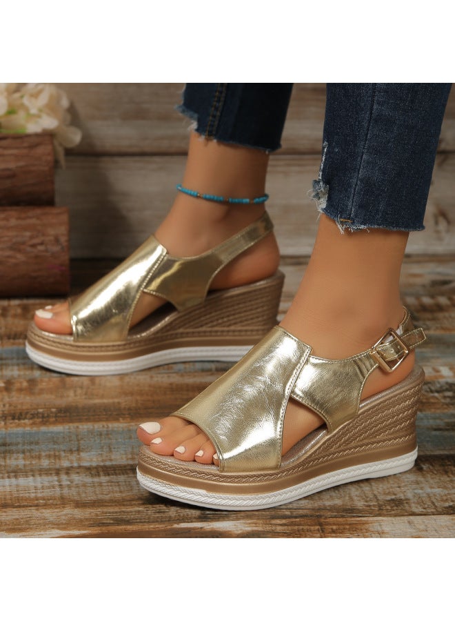Summer Fashion European And American Sandals, Large Size, Single Strap, Platform Wedge, Thick-soled Beach Sandals
