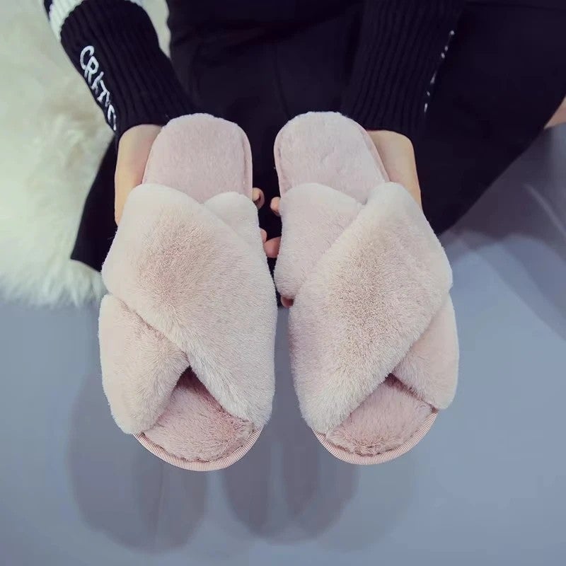 Y&D Home Shoes Women House Slippers Warm Faux Fur Ladies Cross Soft Plush Furry Female Open Toe Slides Fur Fuzzy Slippers Women - Image 5