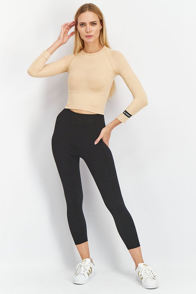 Adidas Women Sportswear Fit Long Sleeve Textured Top, Beige - Image 4