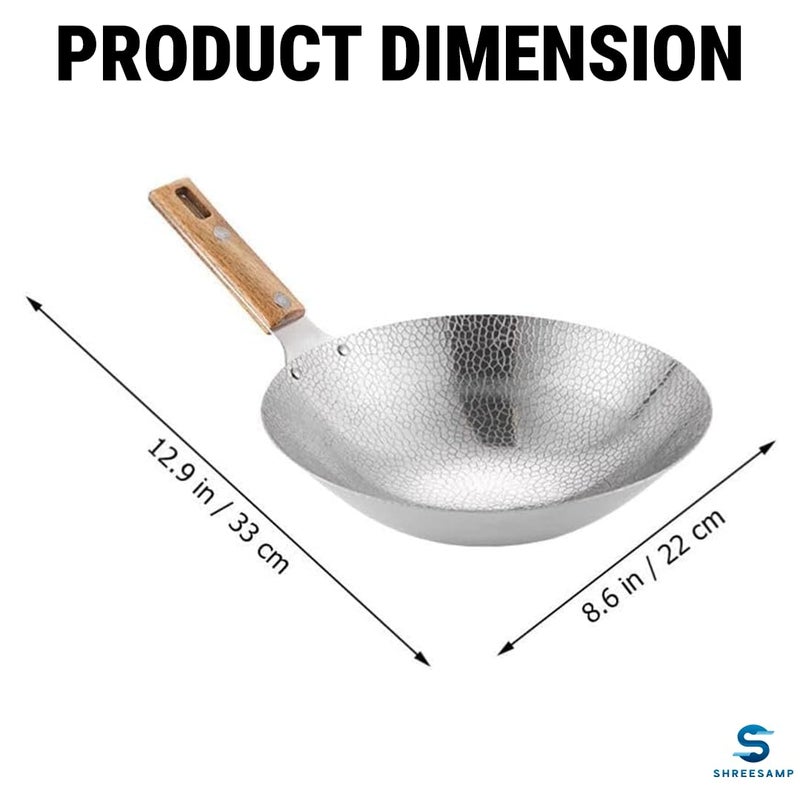 SHREESAMP SHREESAMP Stainless Steel Round Tawa with Wooden Handle, Portable Cooking Stove Griddle Accessories, Nonstick Frying Pan for Home and Restaurant, Chief Cookware Chinese Wok, Heavy Duty Wok Frying Pan  - Image 3