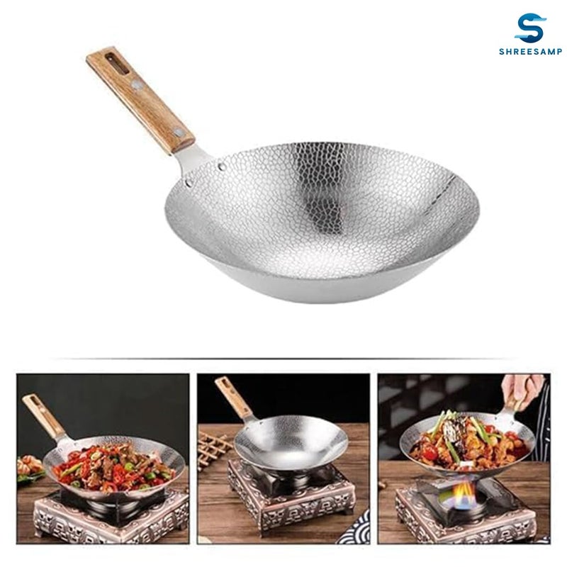 SHREESAMP SHREESAMP Stainless Steel Round Tawa with Wooden Handle, Portable Cooking Stove Griddle Accessories, Nonstick Frying Pan for Home and Restaurant, Chief Cookware Chinese Wok, Heavy Duty Wok Frying Pan  - Image 2