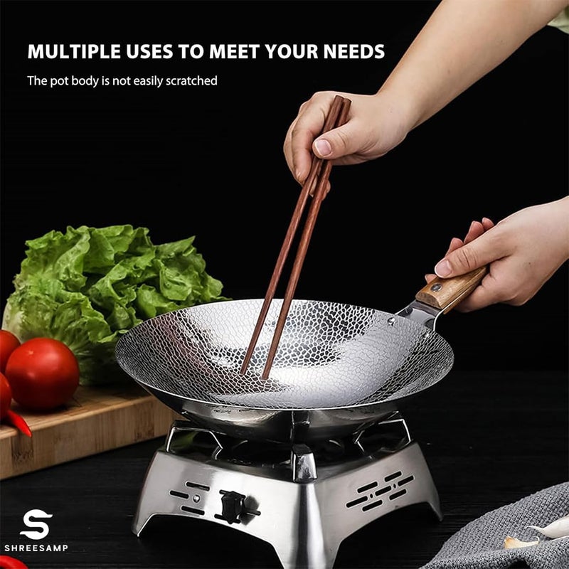 SHREESAMP SHREESAMP Stainless Steel Round Tawa with Wooden Handle, Portable Cooking Stove Griddle Accessories, Nonstick Frying Pan for Home and Restaurant, Chief Cookware Chinese Wok, Heavy Duty Wok Frying Pan  - Image 5