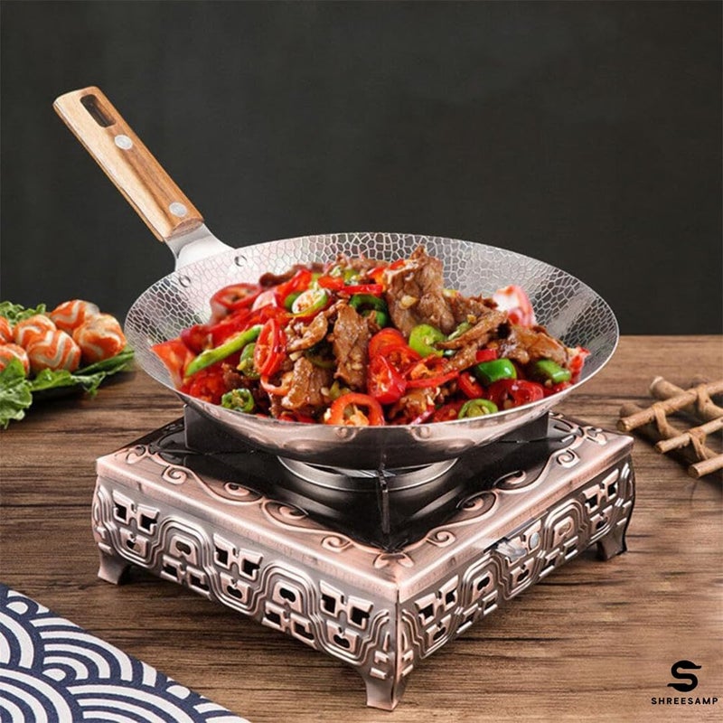 SHREESAMP SHREESAMP Stainless Steel Round Tawa with Wooden Handle, Portable Cooking Stove Griddle Accessories, Nonstick Frying Pan for Home and Restaurant, Chief Cookware Chinese Wok, Heavy Duty Wok Frying Pan  - Image 4