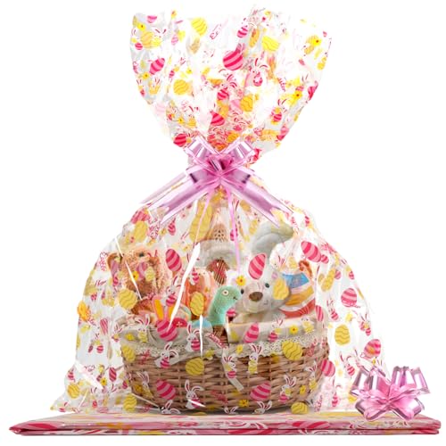SUREHOME Cellophane Bags for Gift Baskets Set Of 10 30 x 40 Inch Clear Gift Bags with Pull Bow Bunny Shrink Wrap Bags for Gift Basket Wrapping Plastic Cello Easter Basket Bag Large Cellophane Bag - Image 1