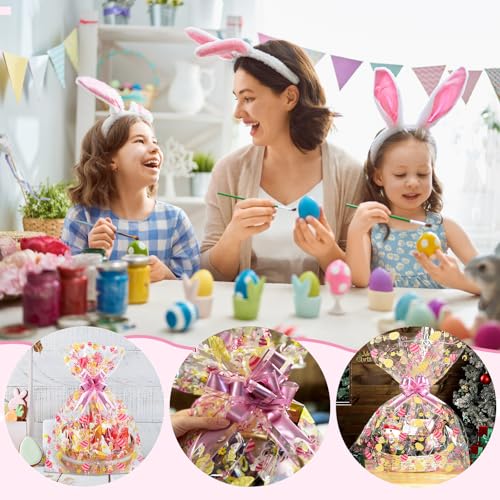 SUREHOME Cellophane Bags for Gift Baskets Set Of 10 30 x 40 Inch Clear Gift Bags with Pull Bow Bunny Shrink Wrap Bags for Gift Basket Wrapping Plastic Cello Easter Basket Bag Large Cellophane Bag - Image 4