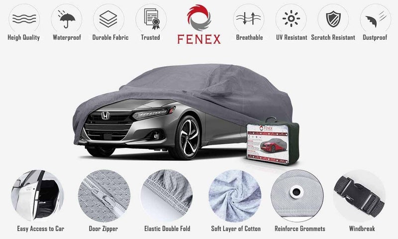 fenex Car Cover [XLarge] – All-Weather Protection | Waterproof, UV-Resistant, Dustproof, Breathable | Indoor/Outdoor Use | Door Zipper & Mirror Pockets | Fits Sedan cars (533 × 177 × 121 cm) - Image 2