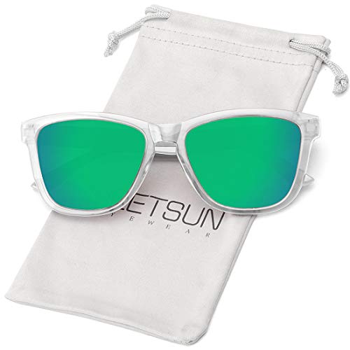 MEETSUN Polarized Sunglasses for Women Men Classic Retro Designer Style UV400 Protection (Clear Frame/Green Mirrored Lens, 54) - Image 1