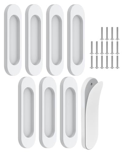 MeBantoo 8 Pack SelfStick Door Handles 4 Inch Aluminum Alloy Self Adhesive Flat Finger Pulls No Drill Cabinet Knobs for Drawer Sliding GlassBarnClosetBalcony Doors 8 White - Image 1