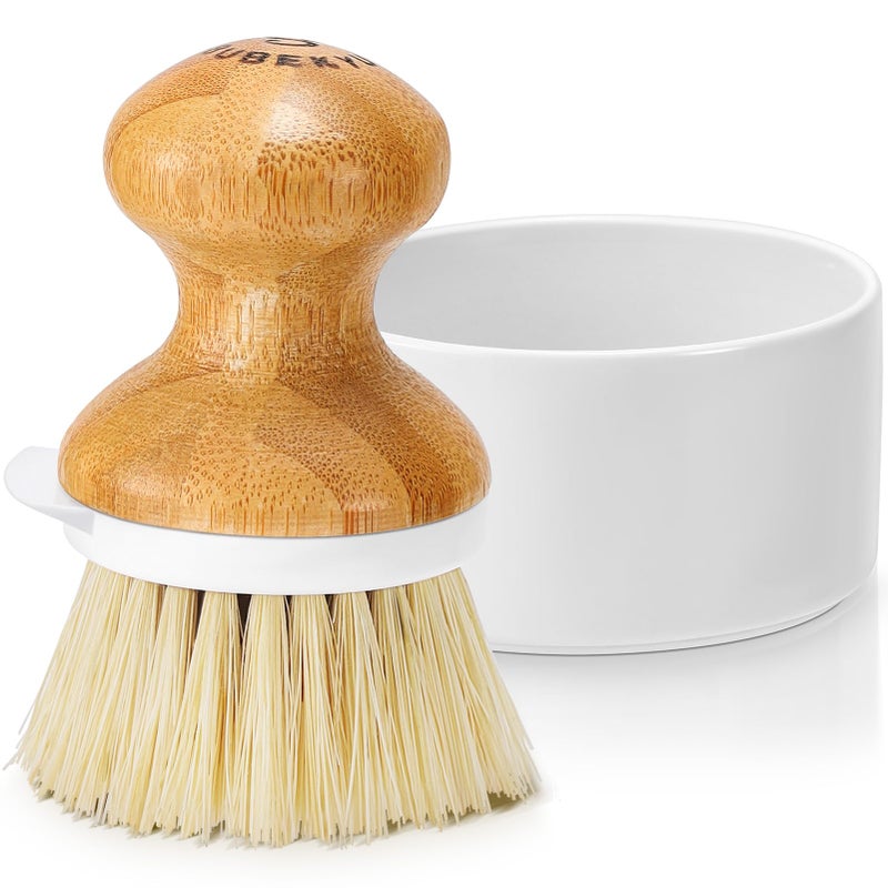 SUBEKYU Bamboo Dish Brush, Kitchen Dish Scrubber Brush with Soap Dispenser, Natural Wooden Dishwashing Brush for Cleaning Dishes/Pans/Pots, Built-in Scraper, Sisal Bristles,1 Set - Image 1