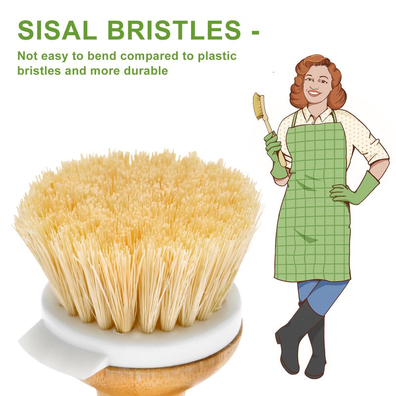 SUBEKYU Bamboo Dish Brush, Kitchen Dish Scrubber Brush with Soap Dispenser, Natural Wooden Dishwashing Brush for Cleaning Dishes/Pans/Pots, Built-in Scraper, Sisal Bristles,1 Set - Image 2