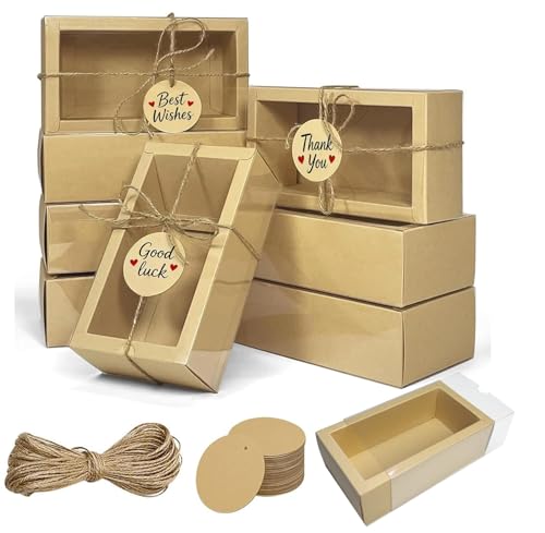 Corsiampoo 30 Pack Kraft Drawer Gift Boxes 6.5x3.5x2 Inch, Easy Assembly Durable Portable Window Boxes with Tags & String, Ideal for Gift Packaging, Party Favors, Retail Display & Commercial Packaging - Image 1