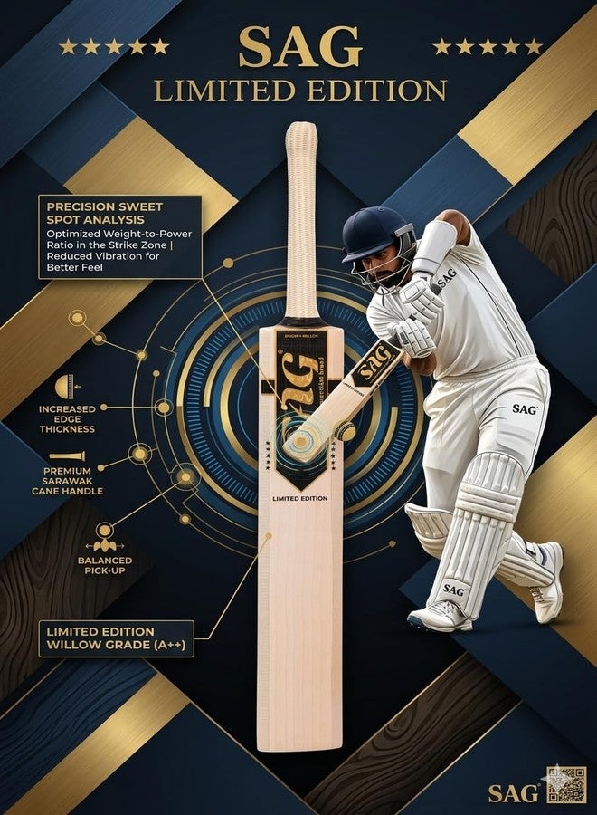 SAG Kashmiri Willow Cricket Bat, Professional, Natural Wood, Size 6, Leather Handle, Wide Edges 35-40 MM, with Free Bat Cover - Image 3