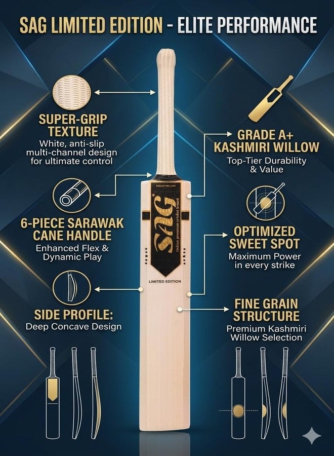 SAG Kashmiri Willow Cricket Bat, Professional, Natural Wood, Size 6, Leather Handle, Wide Edges 35-40 MM, with Free Bat Cover - Image 2