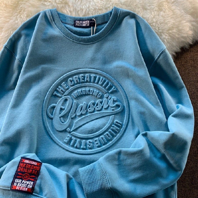 6535 Fish Scale Sweat 2022 Spring and Autumn New Korean Style Three-dimensional Bump Round Neck Sweat Men and Women Couple Top Sky blue - Image 1