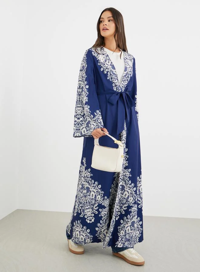 Take Two Take Two Floral Print Open Front Belted Maxi Kimono