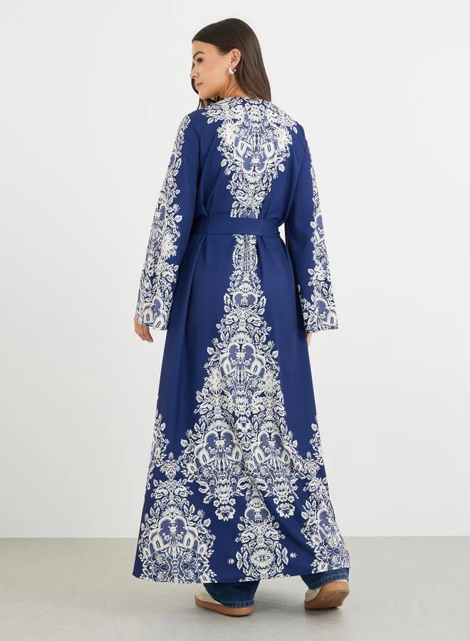 Take Two Take Two Floral Print Open Front Belted Maxi Kimono