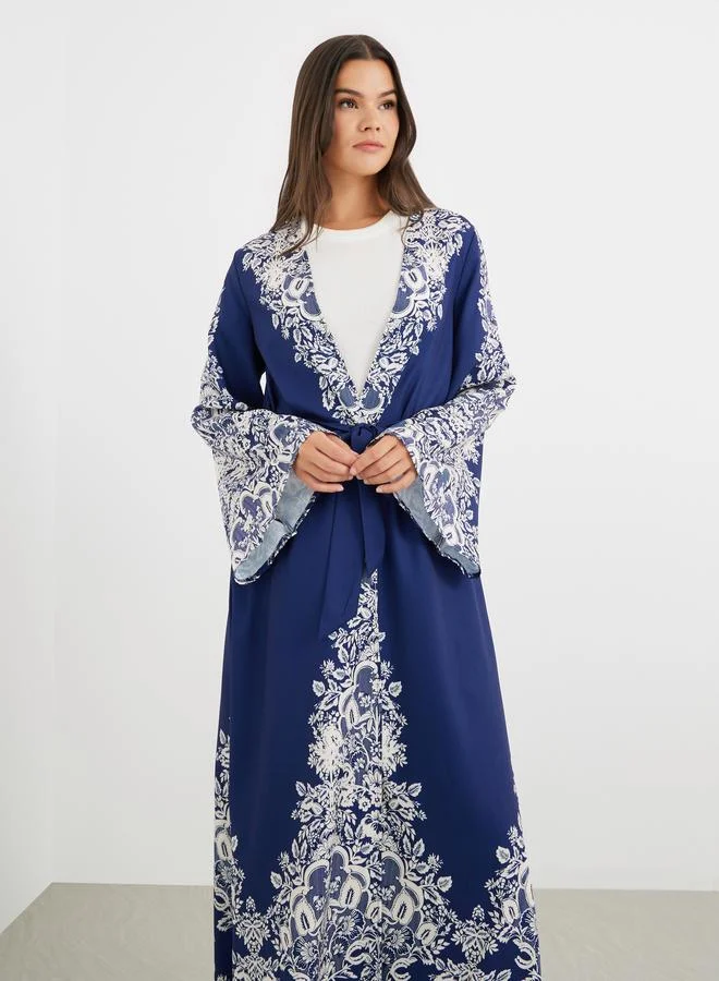 Take Two Take Two Floral Print Open Front Belted Maxi Kimono